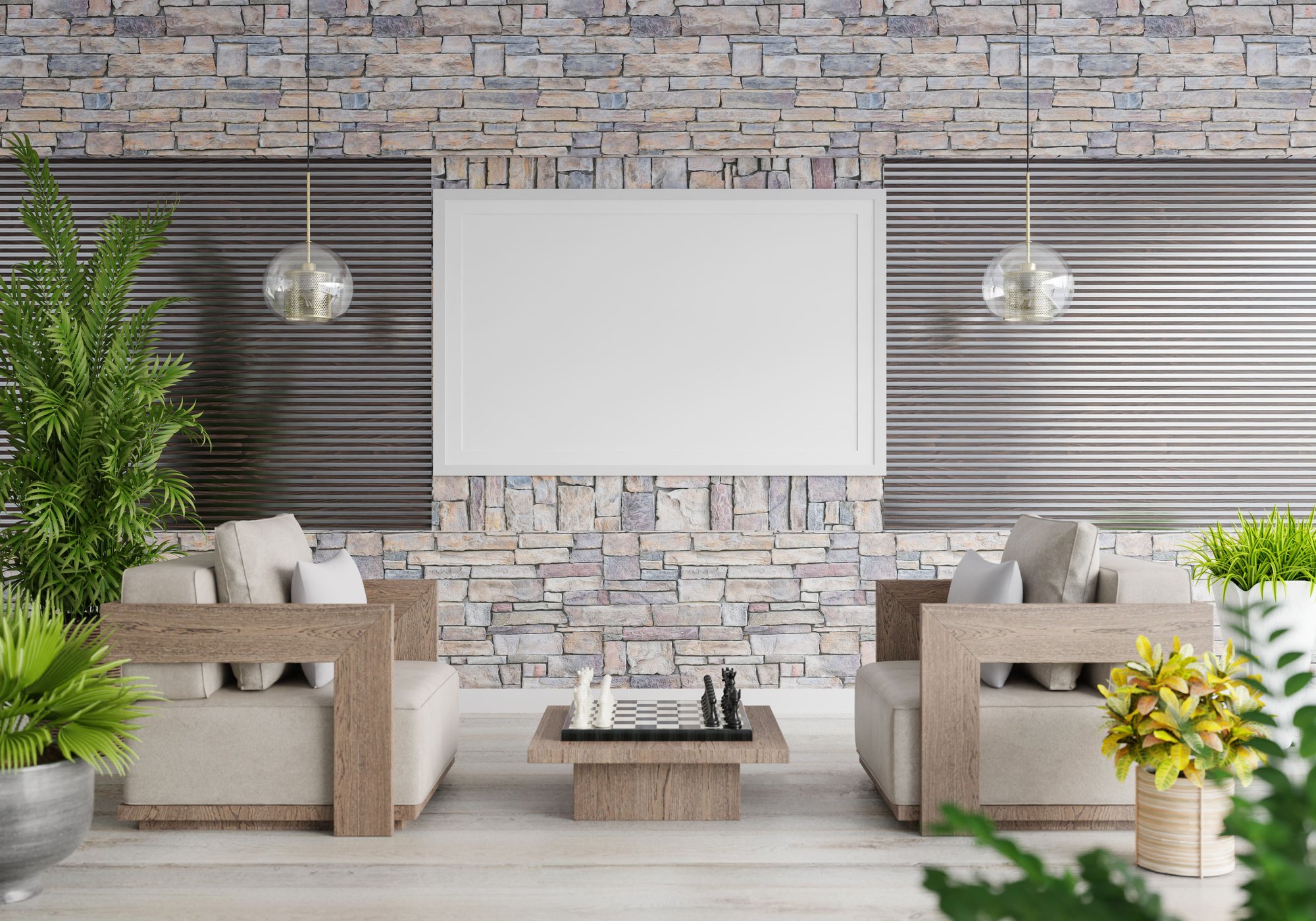 Interior de una sala con unos sofas, una mesita y un muro de piedra artificial al fondo